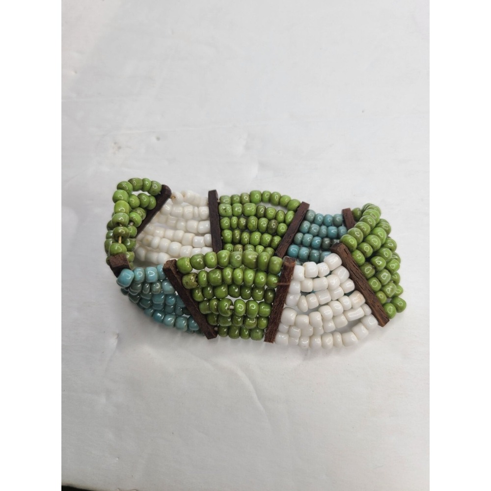 Handmade Colorful Beaded Bracelet - Green Blue & White - Boho Chic Jewelry